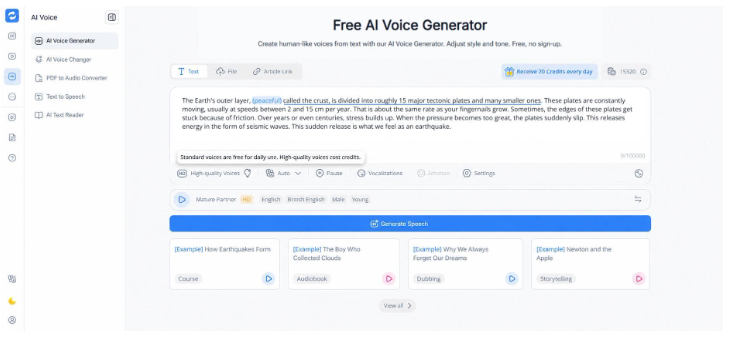 (Générateur de voix par IA d'Audio Converter AI, avec des voix réalistes et une génération audio instantanée et gratuite en ligne)